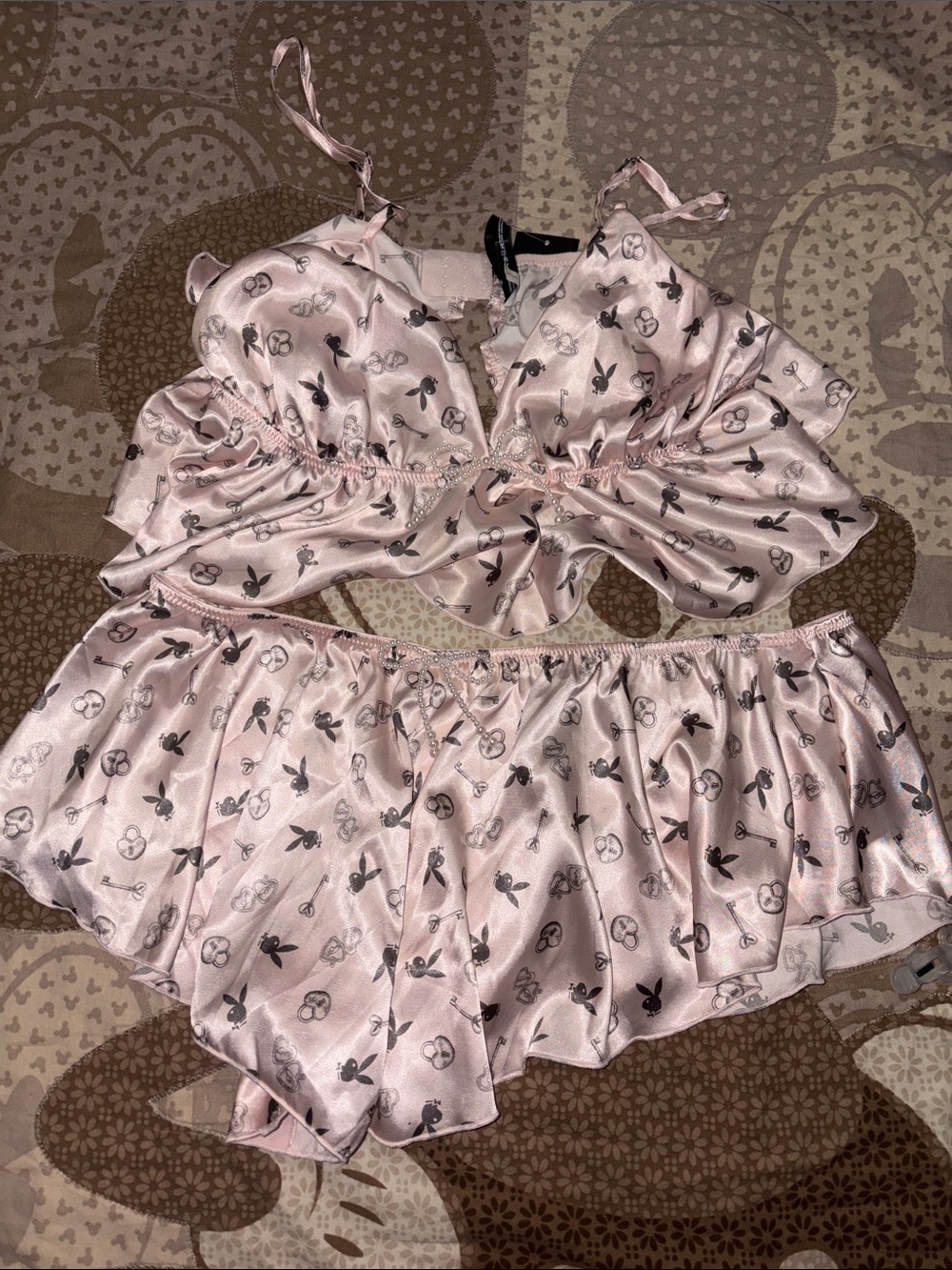 PLAYBOY Pale Pink Satin Floral-Print Two-Piece Pajama Set